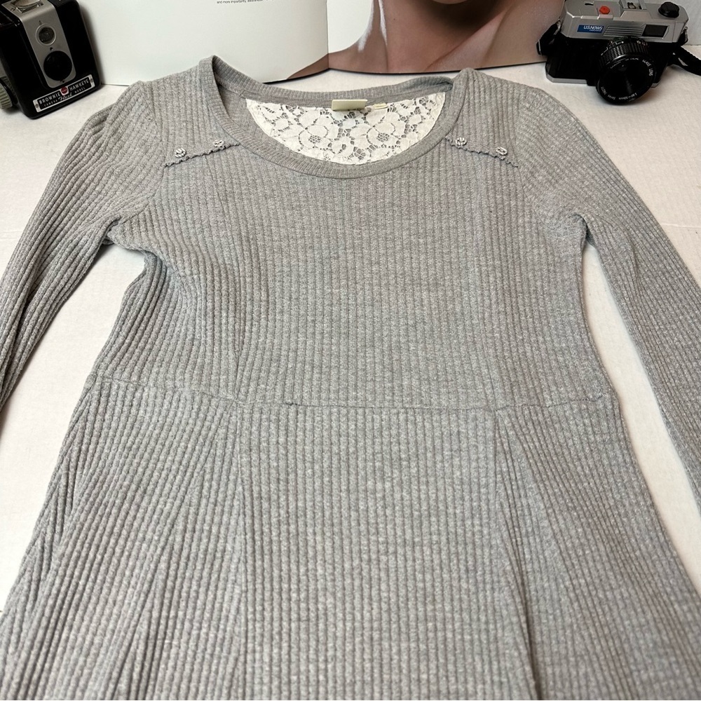 Eloise Gray Waffle Knit Fit & Flare Dress Lace Back Size Small Cottagecore - Picture 10 of 11